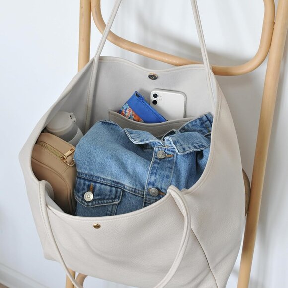 Hoxis Women Ivory PU+Polyester Weekender Oversize Vegan Leather Tote Handbag - Picture 4 of 6